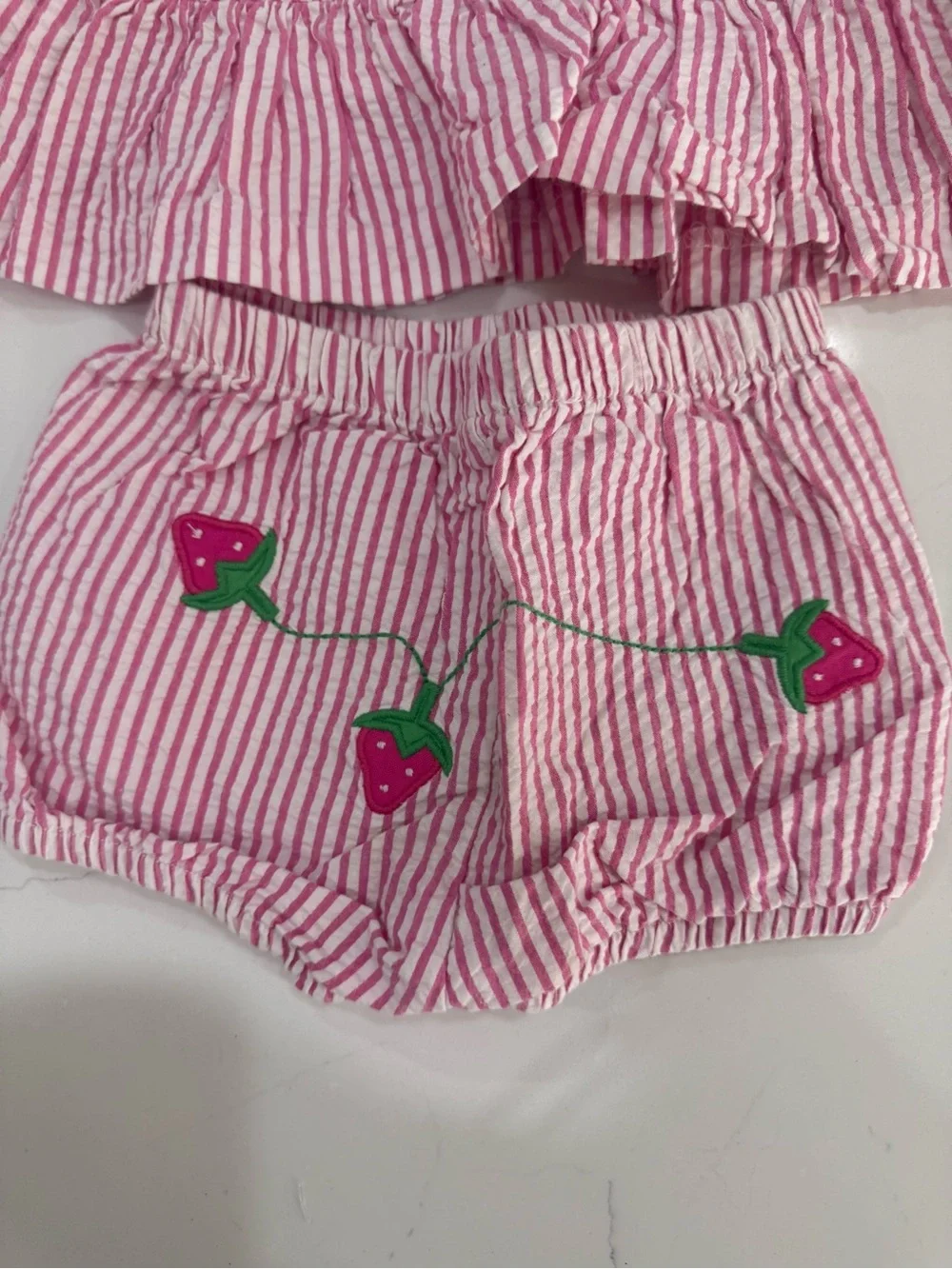 Florence Eiseman Girls’ Pink Stripe Top & Bloomers Set | Strawberry Embroidery
